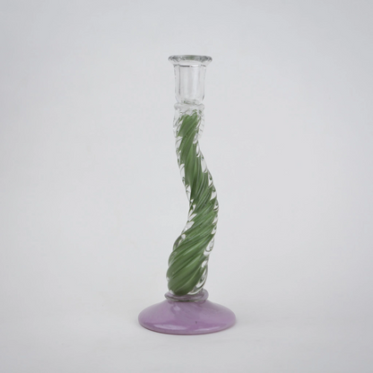 Twisted green art glass candle holders with lavender base and clear candle cup
