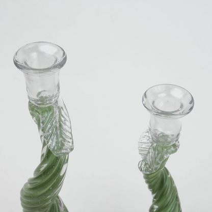 Twisted green art glass candle holders with lavender base and clear candle cup