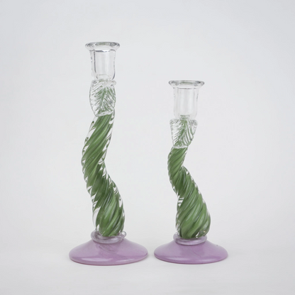 Twisted green art glass candle holders with lavender base and clear candle cup