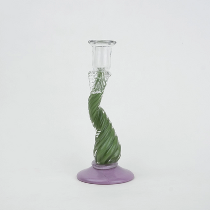 Twisted green art glass candle holders with lavender base and clear candle cup