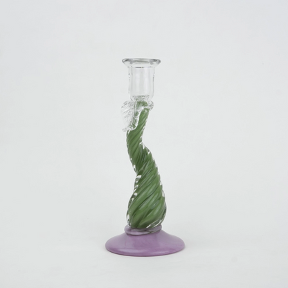 Twisted green art glass candle holders with lavender base and clear candle cup