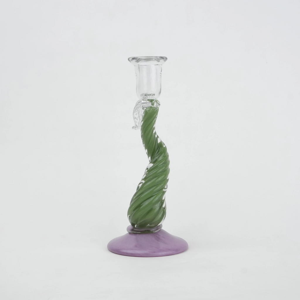 Twisted green art glass candle holders with lavender base and clear candle cup