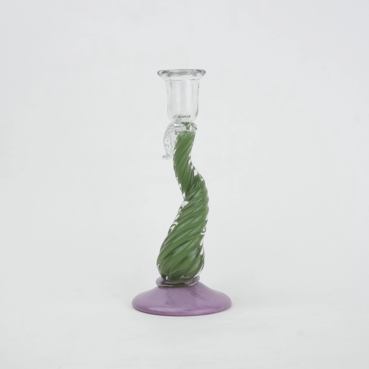 Twisted green art glass candle holders with lavender base and clear candle cup