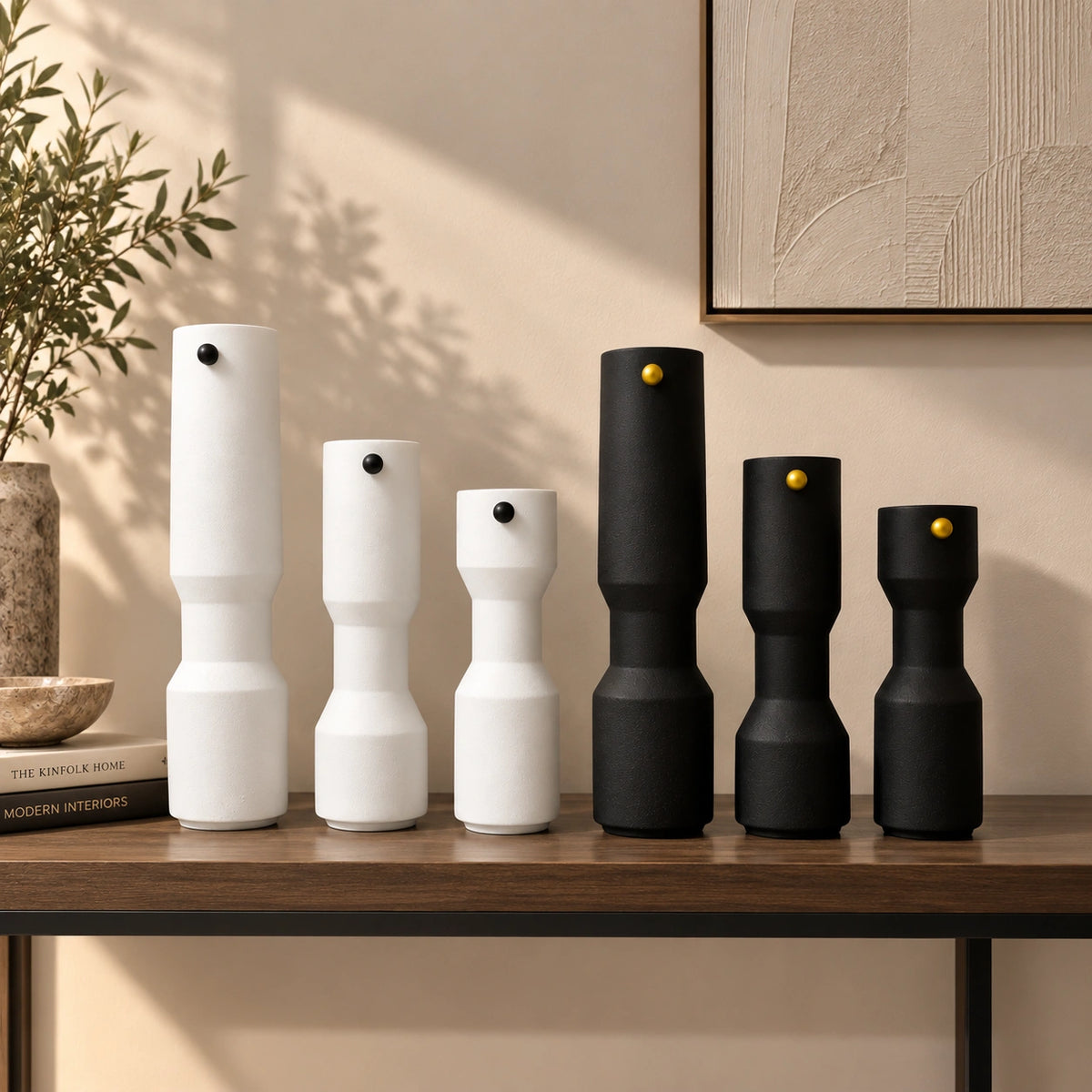 three modern white decorative flower vases with matte finish and black accent detail, minimalist table vases for living room, console or shelf styling
