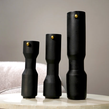 three modern white decorative flower vases with matte finish and black accent detail, minimalist table vases for living room, console or shelf styling