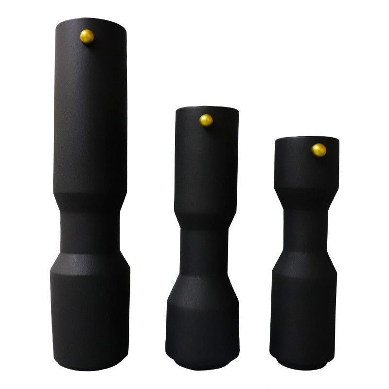 three modern white decorative flower vases with matte finish and black accent detail, minimalist table vases for living room, console or shelf styling