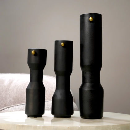 three modern black decorative flower vases with matte finish and gold accent detail, minimalist table vases for living room, console or shelf styling