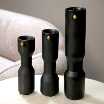 three modern black decorative flower vases with matte finish and gold accent detail, minimalist table vases for living room, console or shelf styling