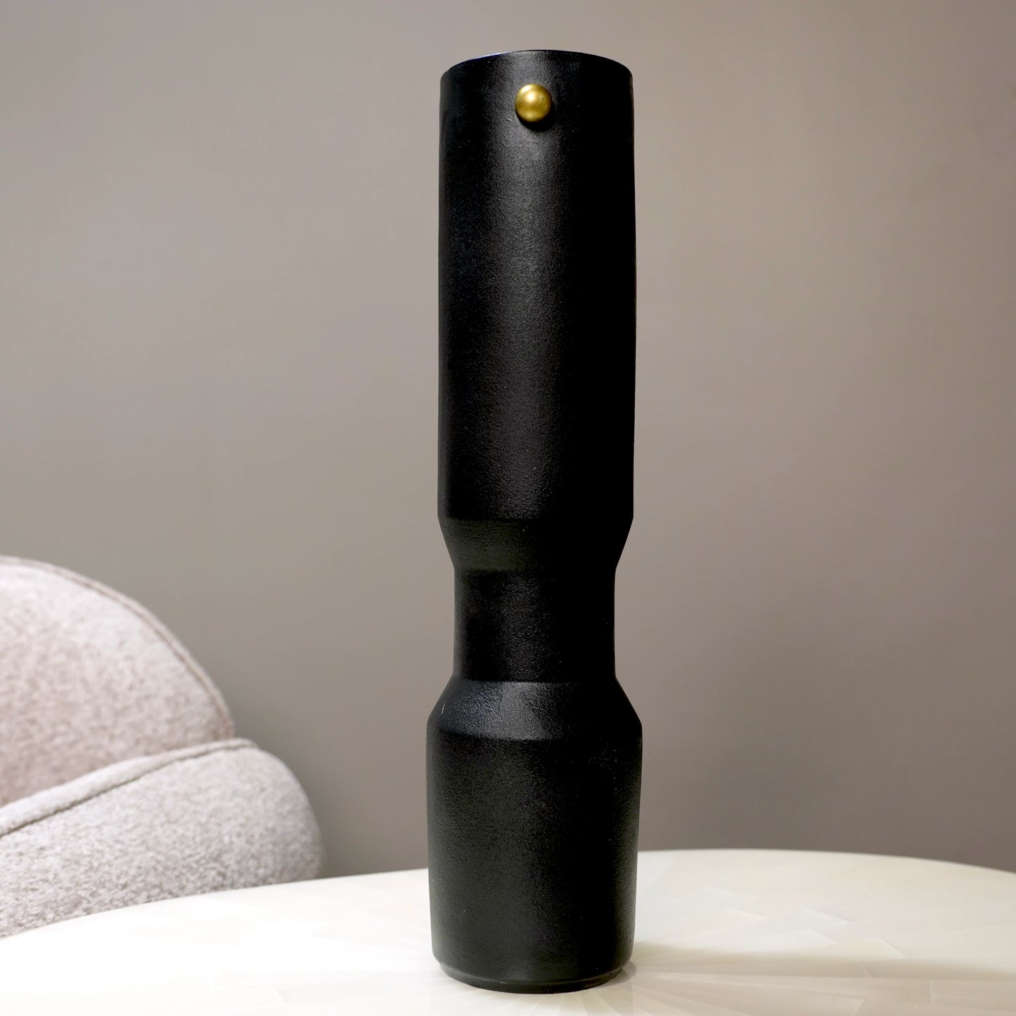 three modern black decorative flower vases with matte finish and gold accent detail, minimalist table vases for living room, console or shelf styling