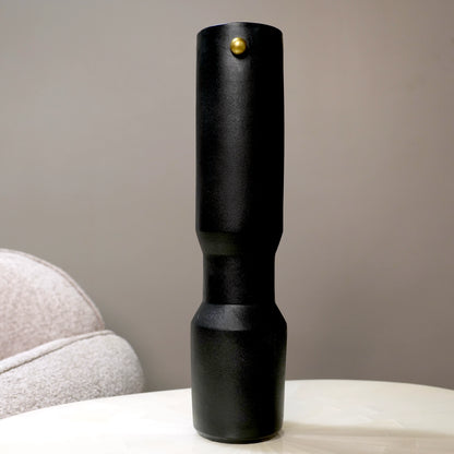 three modern black decorative flower vases with matte finish and gold accent detail, minimalist table vases for living room, console or shelf styling