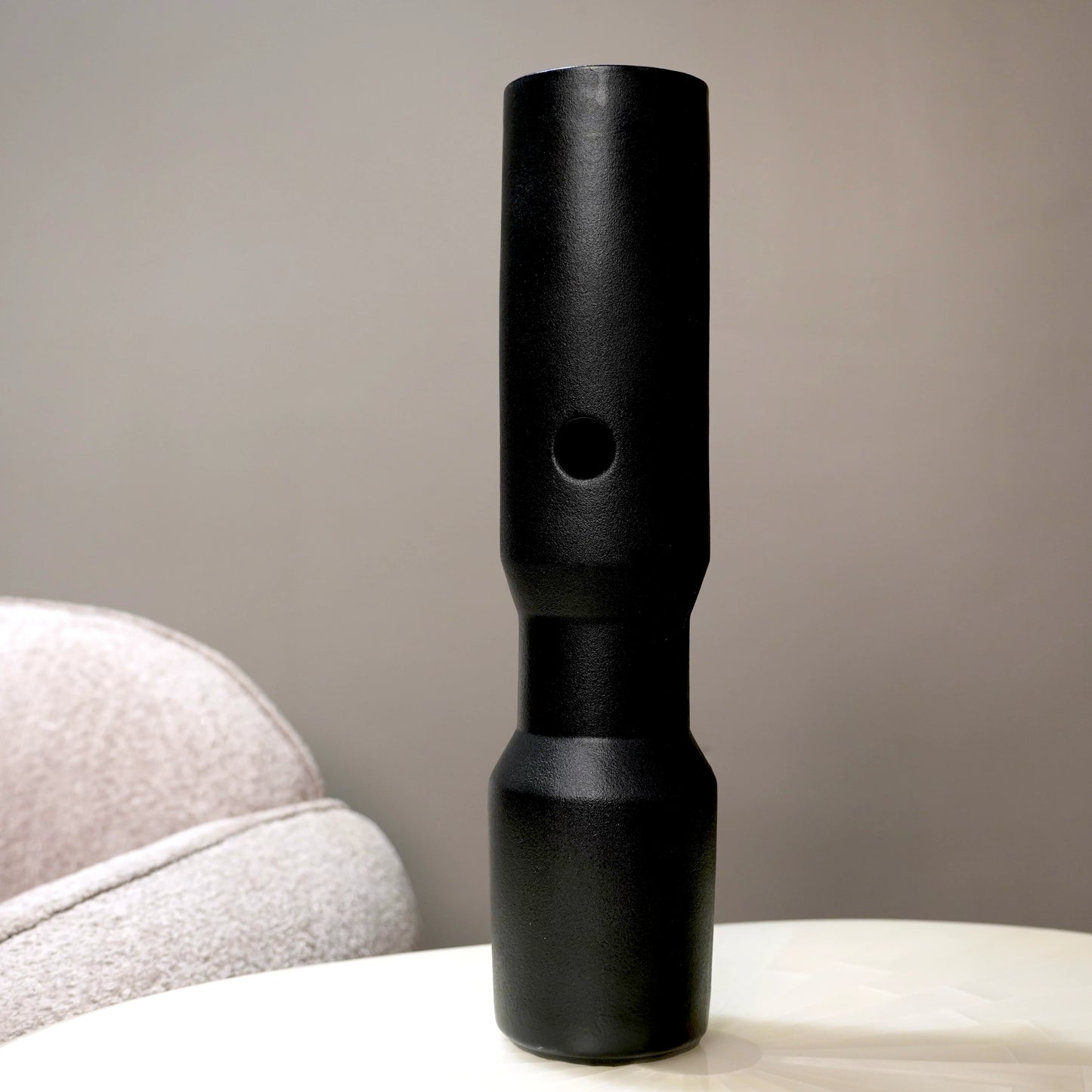 three modern black decorative flower vases with matte finish and gold accent detail, minimalist table vases for living room, console or shelf styling
