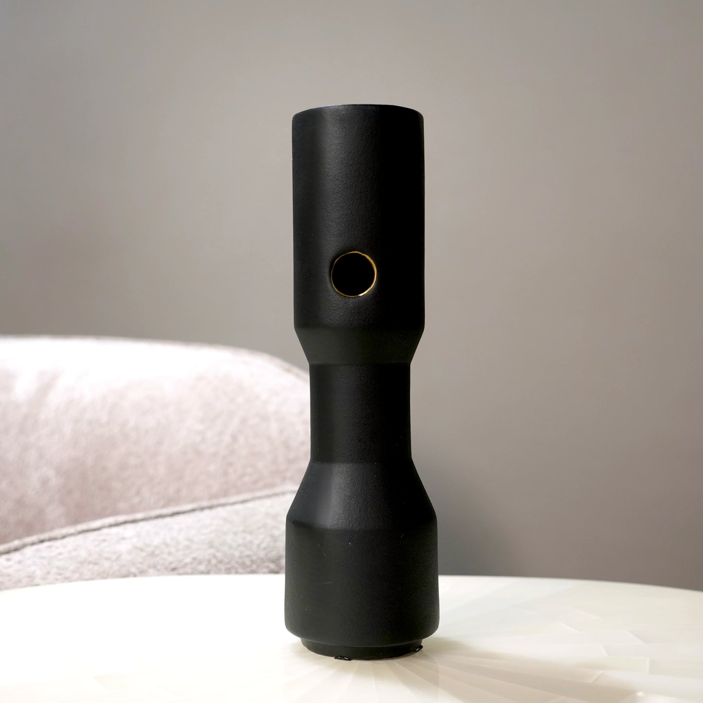 three modern black decorative flower vases with matte finish and gold accent detail, minimalist table vases for living room, console or shelf styling