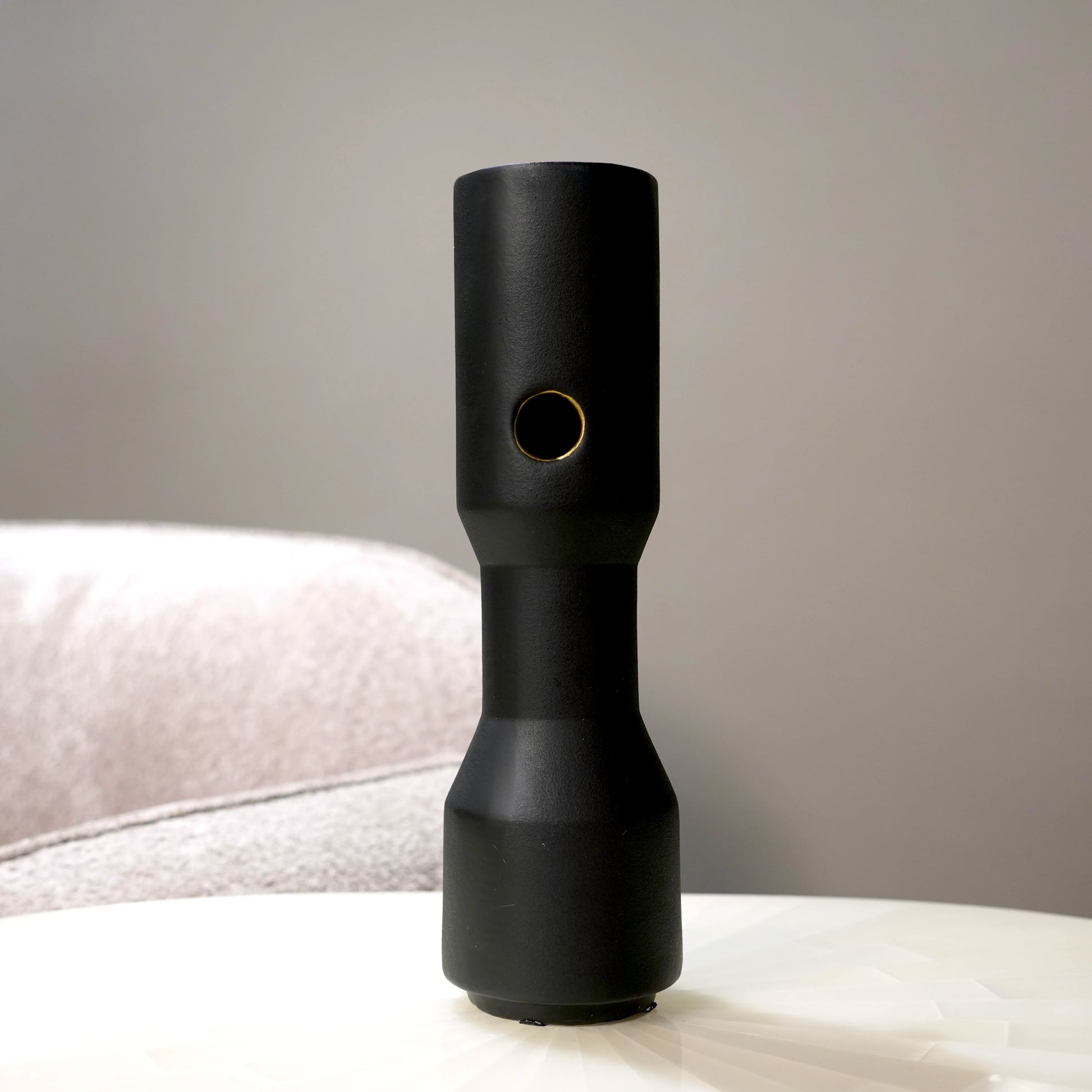 three modern black decorative flower vases with matte finish and gold accent detail, minimalist table vases for living room, console or shelf styling