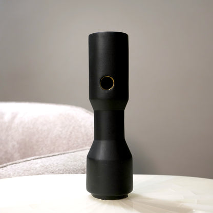 three modern black decorative flower vases with matte finish and gold accent detail, minimalist table vases for living room, console or shelf styling