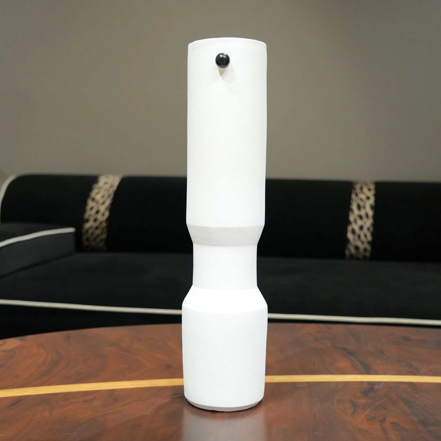 three modern white decorative flower vases with matte finish and black accent detail, minimalist table vases for living room, console or shelf styling
