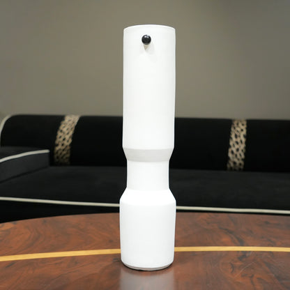 three modern white decorative flower vases with matte finish and black accent detail, minimalist table vases for living room, console or shelf styling