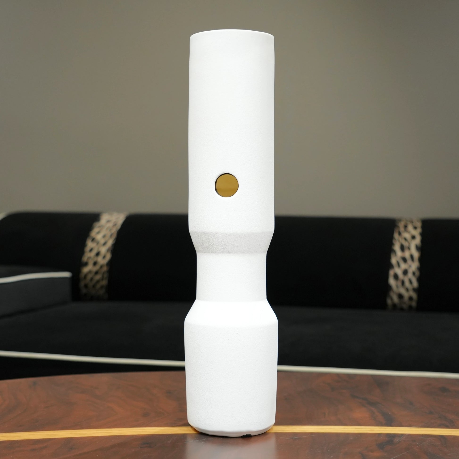 three modern white decorative flower vases with matte finish and black accent detail, minimalist table vases for living room, console or shelf styling