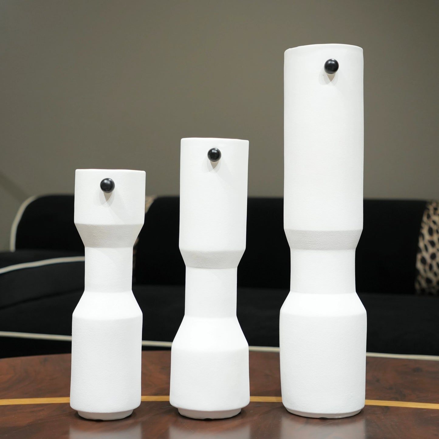 three modern white decorative flower vases with matte finish and black accent detail, minimalist table vases for living room, console or shelf styling