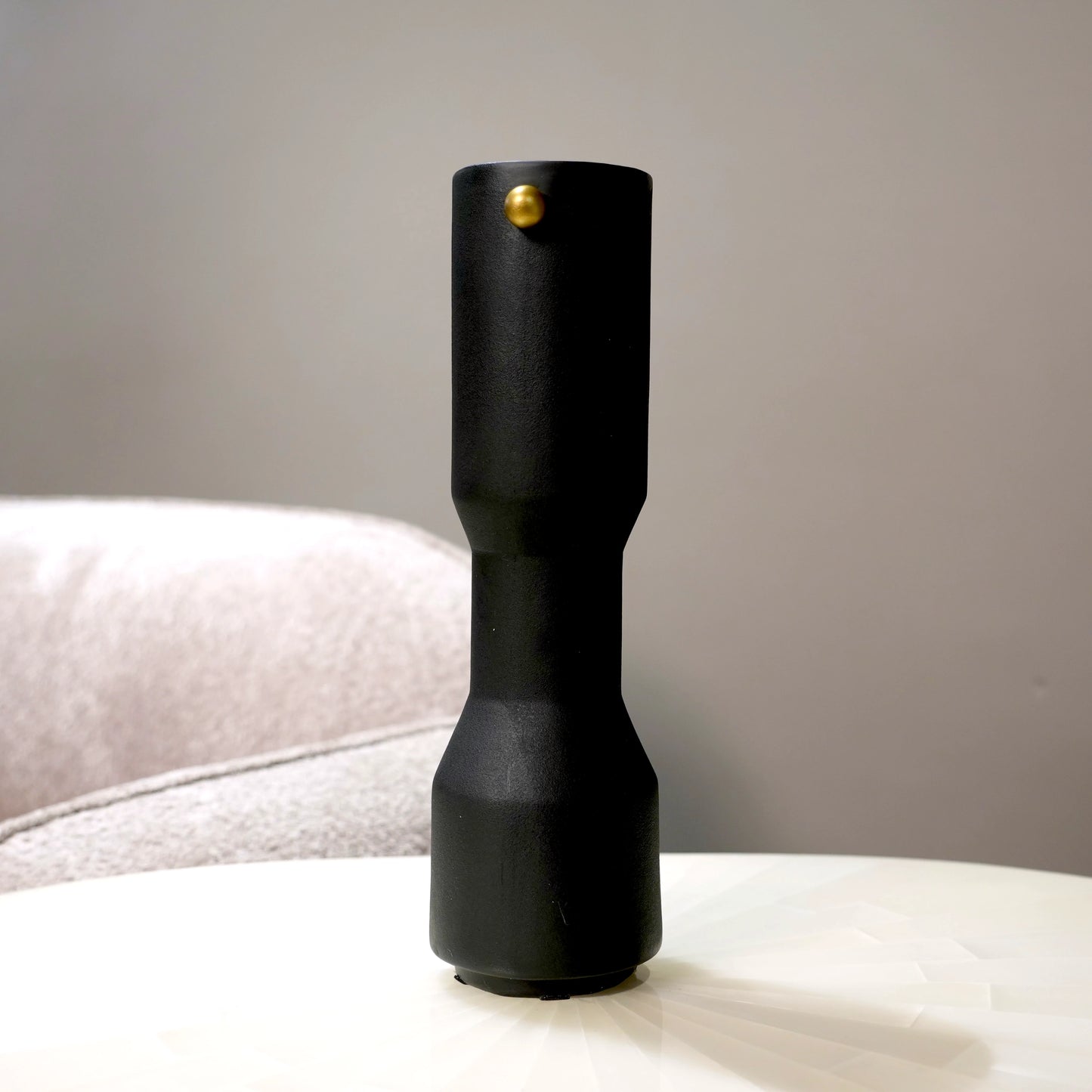three modern black decorative flower vases with matte finish and gold accent detail, minimalist table vases for living room, console or shelf styling