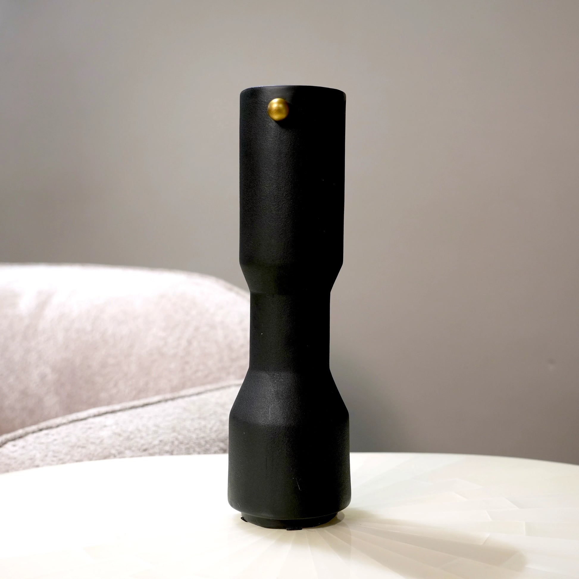 three modern black decorative flower vases with matte finish and gold accent detail, minimalist table vases for living room, console or shelf styling