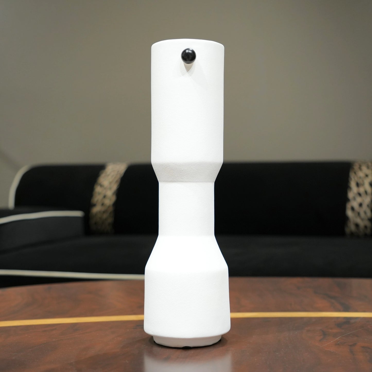 three modern white decorative flower vases with matte finish and black accent detail, minimalist table vases for living room, console or shelf styling