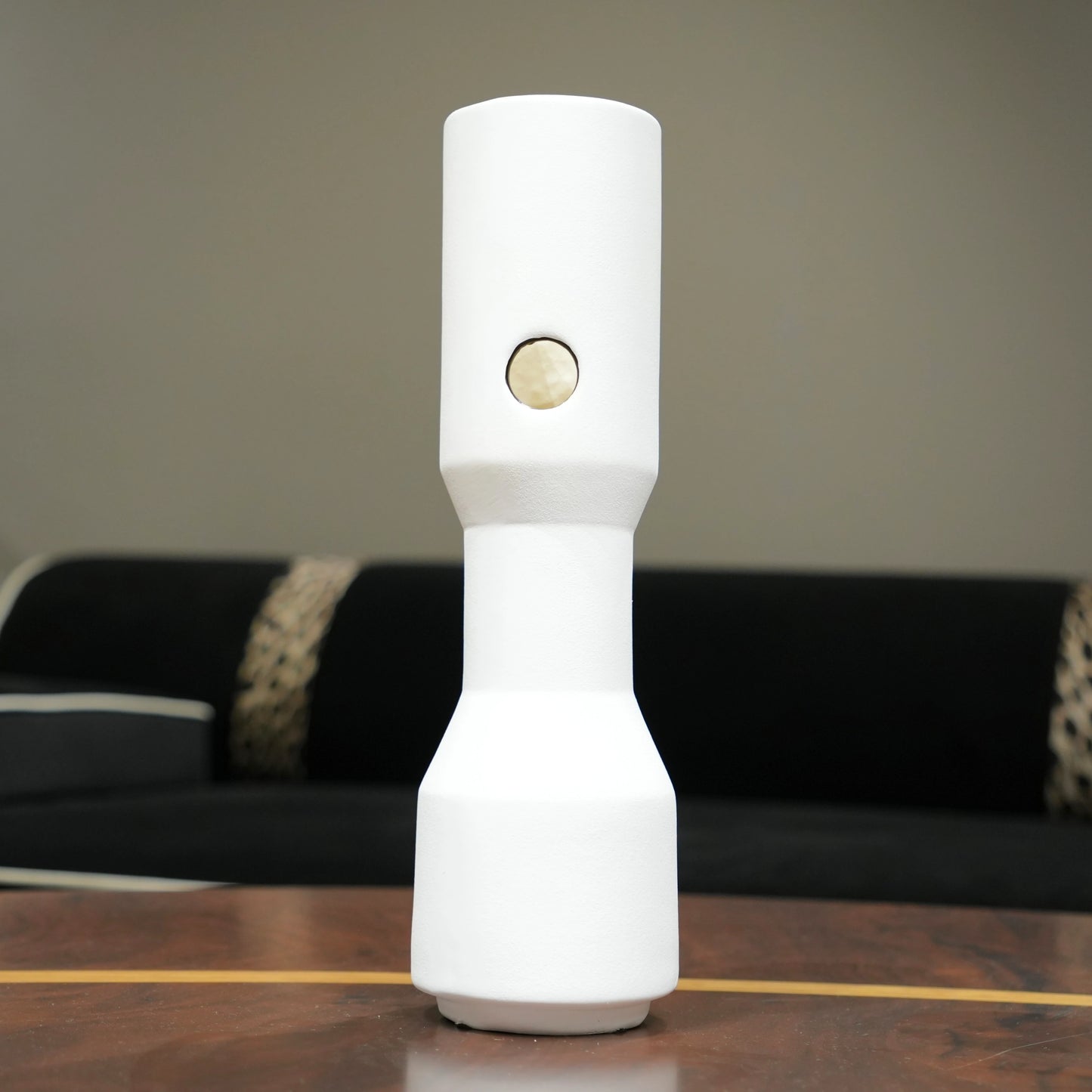 three modern white decorative flower vases with matte finish and black accent detail, minimalist table vases for living room, console or shelf styling