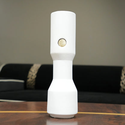 three modern white decorative flower vases with matte finish and black accent detail, minimalist table vases for living room, console or shelf styling