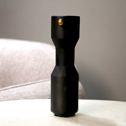 three modern black decorative flower vases with matte finish and gold accent detail, minimalist table vases for living room, console or shelf styling