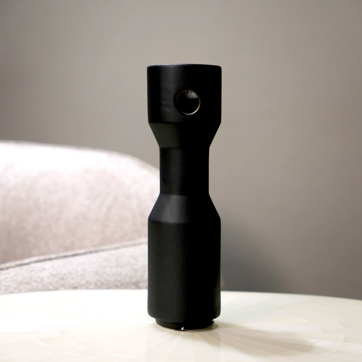 three modern black decorative flower vases with matte finish and gold accent detail, minimalist table vases for living room, console or shelf styling