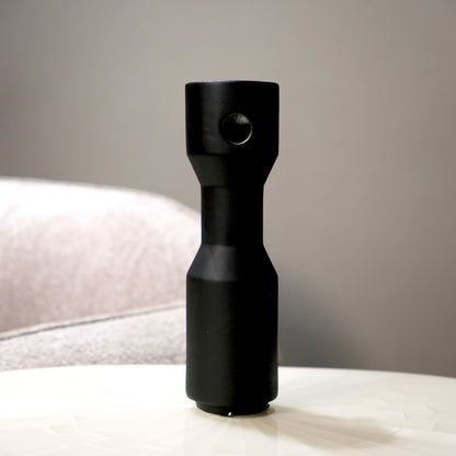three modern black decorative flower vases with matte finish and gold accent detail, minimalist table vases for living room, console or shelf styling