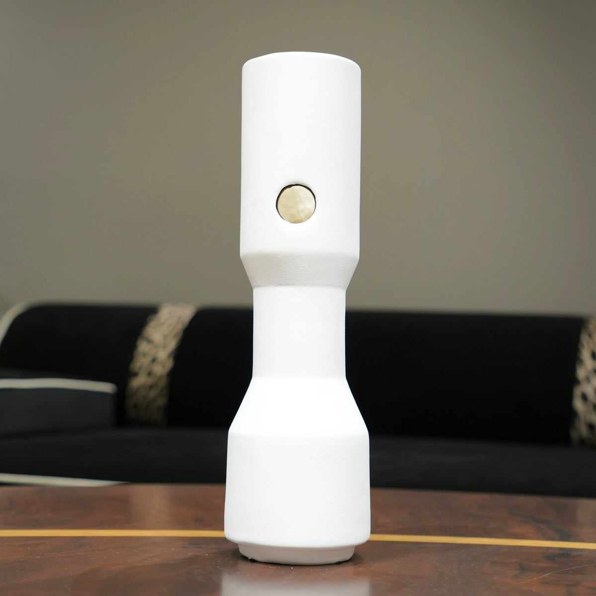 three modern white decorative flower vases with matte finish and black accent detail, minimalist table vases for living room, console or shelf styling