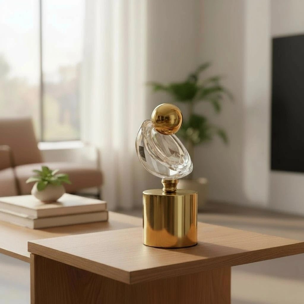 Gold and clear crystal-effect abstract sculpture with spherical top and cylindrical base