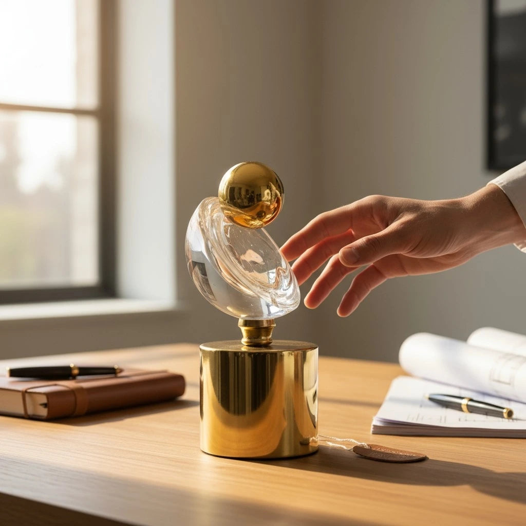 Gold and clear crystal-effect abstract sculpture with spherical top and cylindrical base