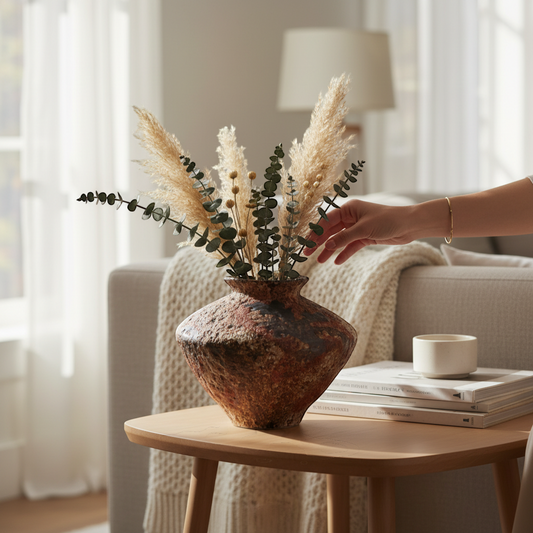 Ghar Art Rust Earth Ceramic Vase with a textured, weathered finish and a modern silhouette. Features earthy tones and a flared neck.