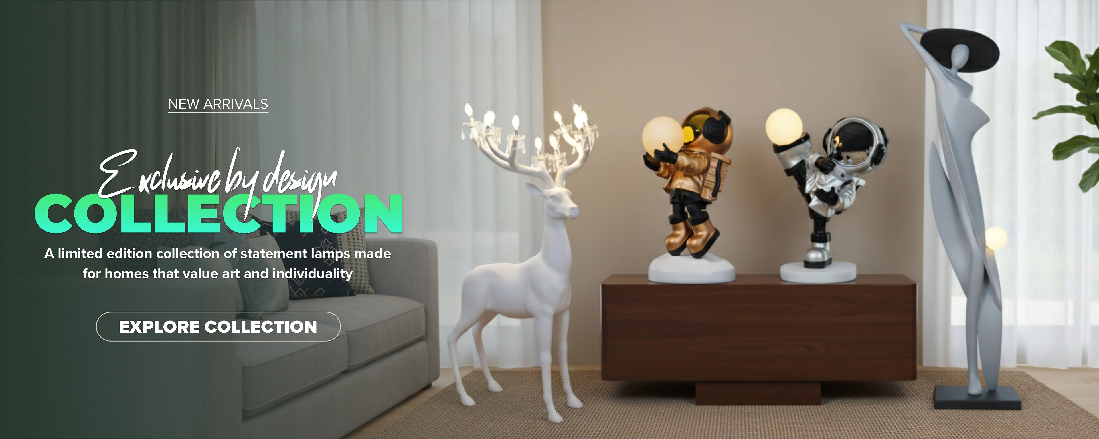 Designer sculptural lamps including animal and astronaut figures displayed in a contemporary home interior