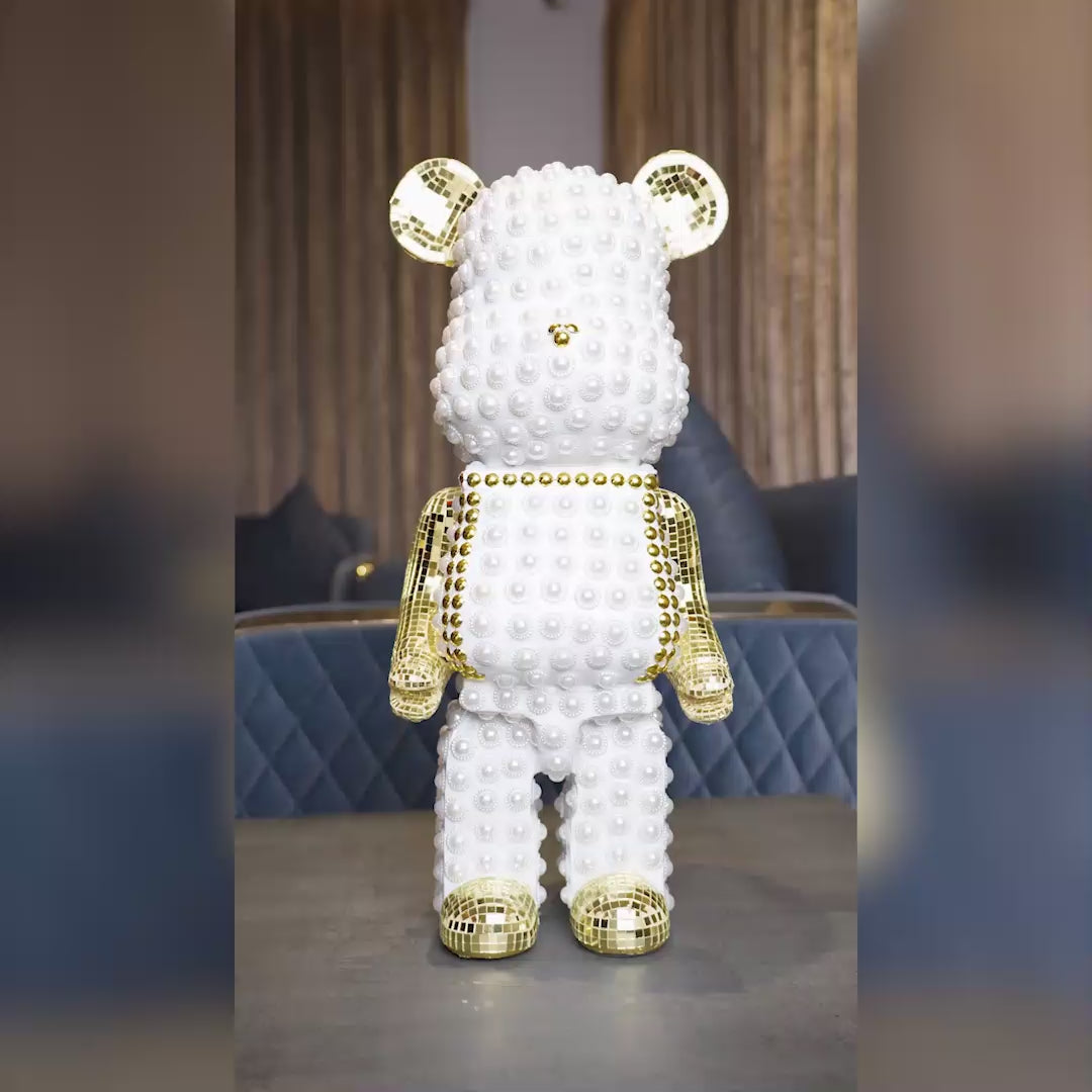 White pearl-studded bear sculpture with gold mirrored accents — Pearl Luxe Bear Sculpture by Ghar Art, handcrafted modern luxury home decor collectible.