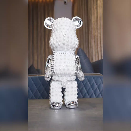 White pearl-studded bear sculpture with silver mirrored accents — Silver Luxe Bear Sculpture by Ghar Art, handcrafted modern luxury home decor collectible.