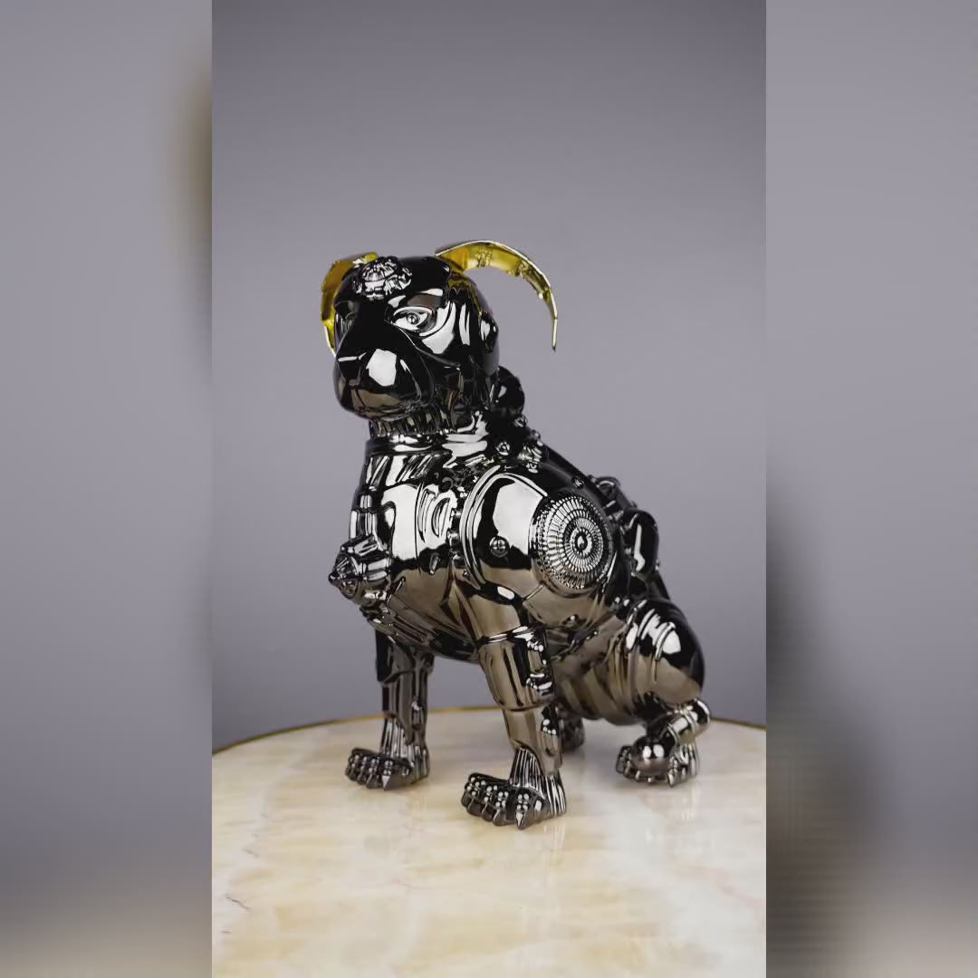 chrome black mechanical dog sculpture with gold accent ears