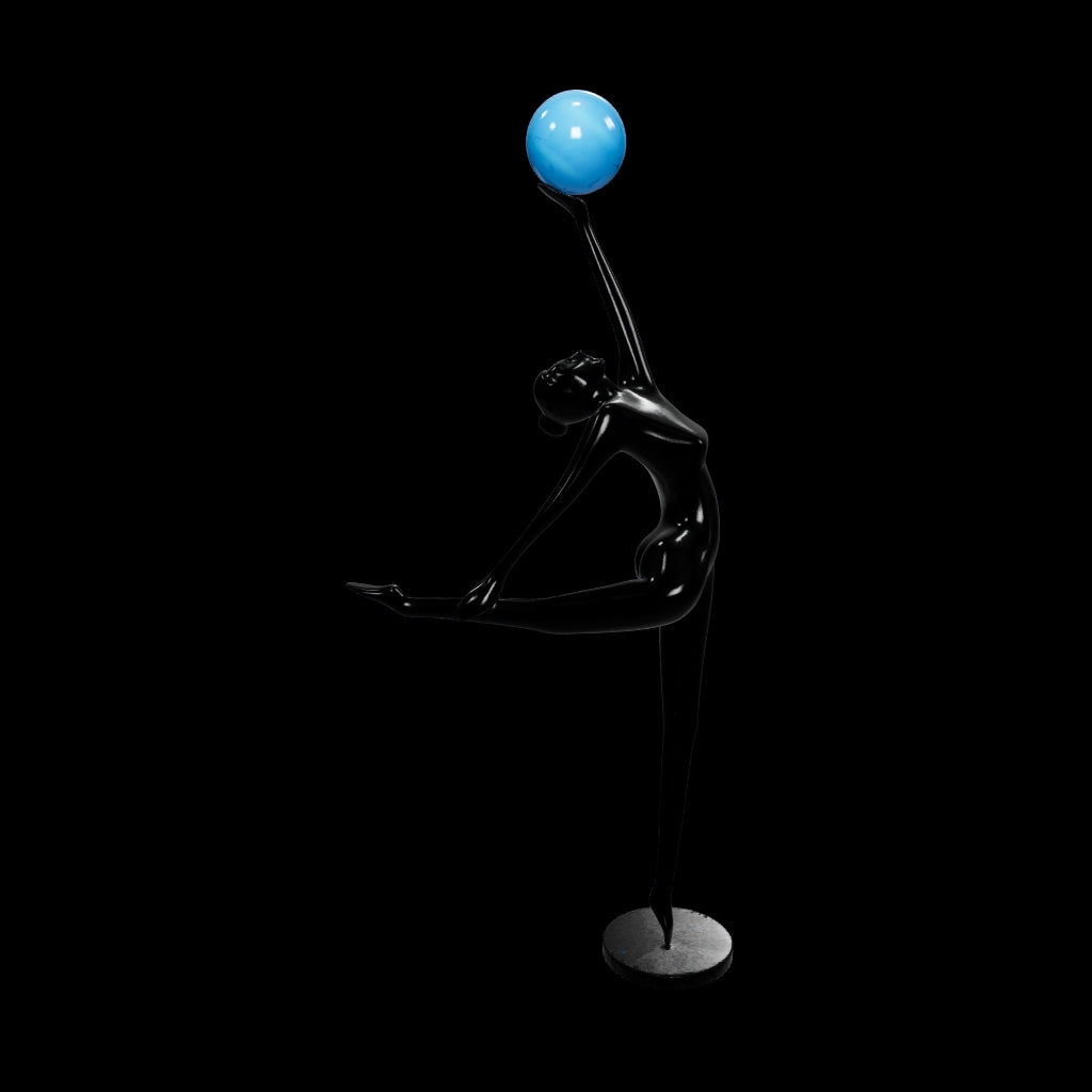 Abstract ballerina figurine sculpture balancing a blue sphere with graceful contemporary form
