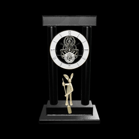 Luxury crystal table clock with exposed skeleton dial and gold rabbit figurine design for modern office and living room decor