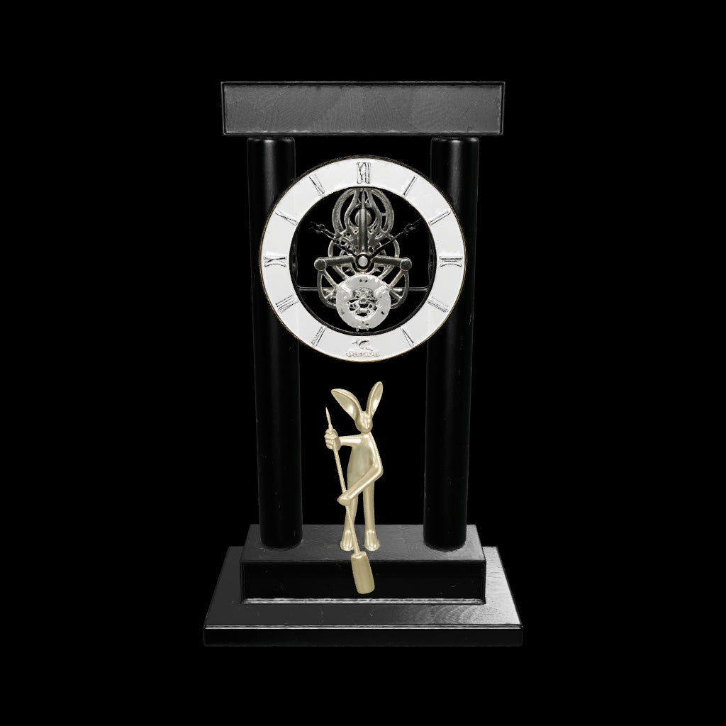 Luxury crystal table clock with exposed skeleton dial and gold rabbit figurine design for modern office and living room decor