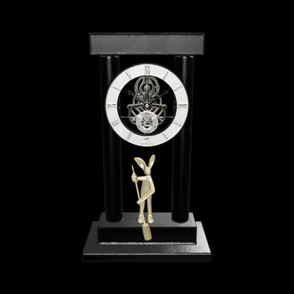Luxury crystal table clock with exposed skeleton dial and gold rabbit figurine design for modern office and living room decor