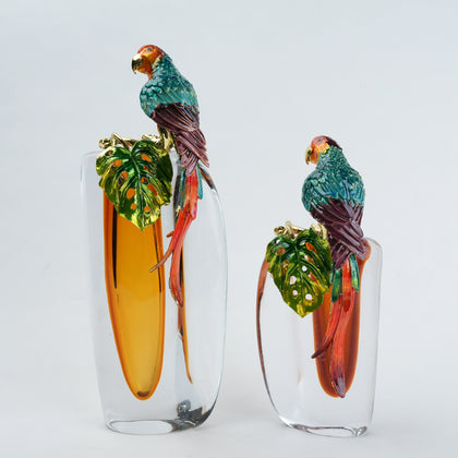Parrot vase pair, monstera leaf, front duo